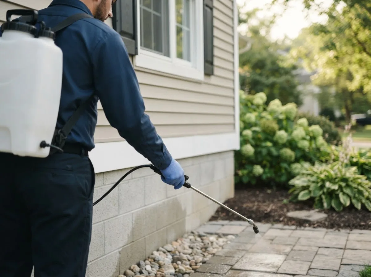 Pest control technician inspecting a home in Williamsville, VA